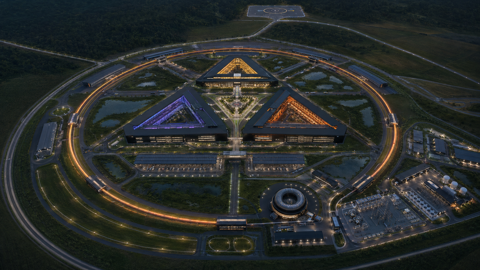 Aerial concept render of a TriPoint campus laid out as the three-vertex badge — three triangular halls inside a ring road, with a landing pad and microgrid