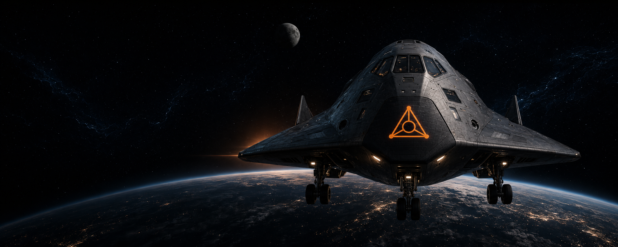 Concept render of a TriPoint spacecraft in low orbit above a city-lit Earth, the three-vertex badge glowing orange on its nose, with the Moon on the horizon