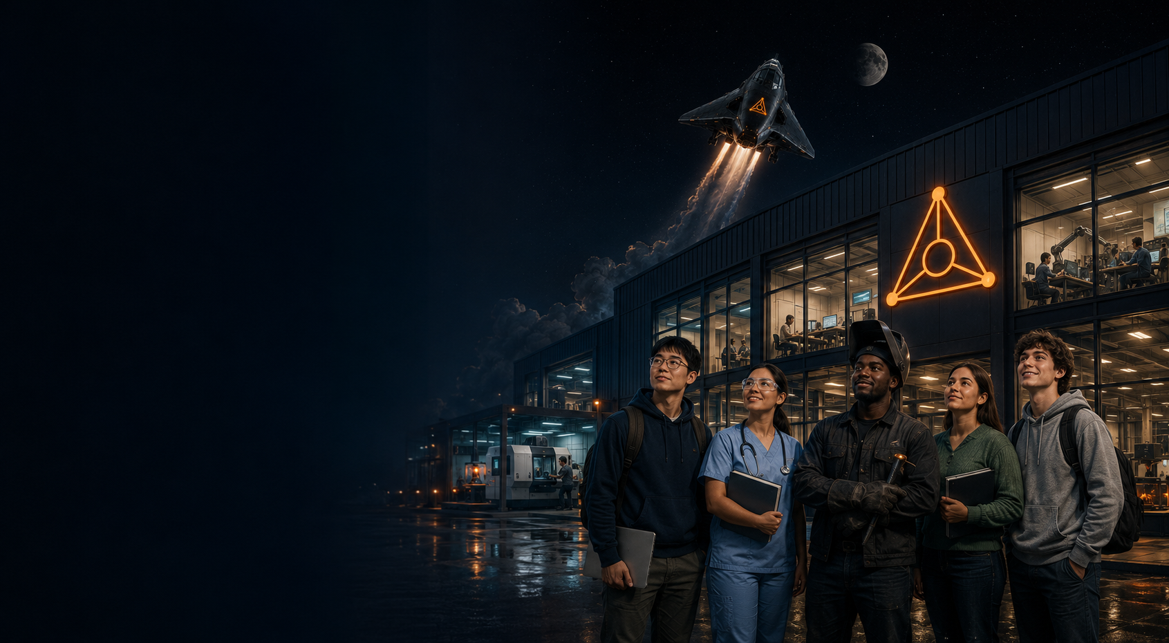 Makers and students — an engineer, a nurse, a welder, and graduates — outside a lit TriPoint maker facility as a badge-marked vehicle lifts toward the Moon