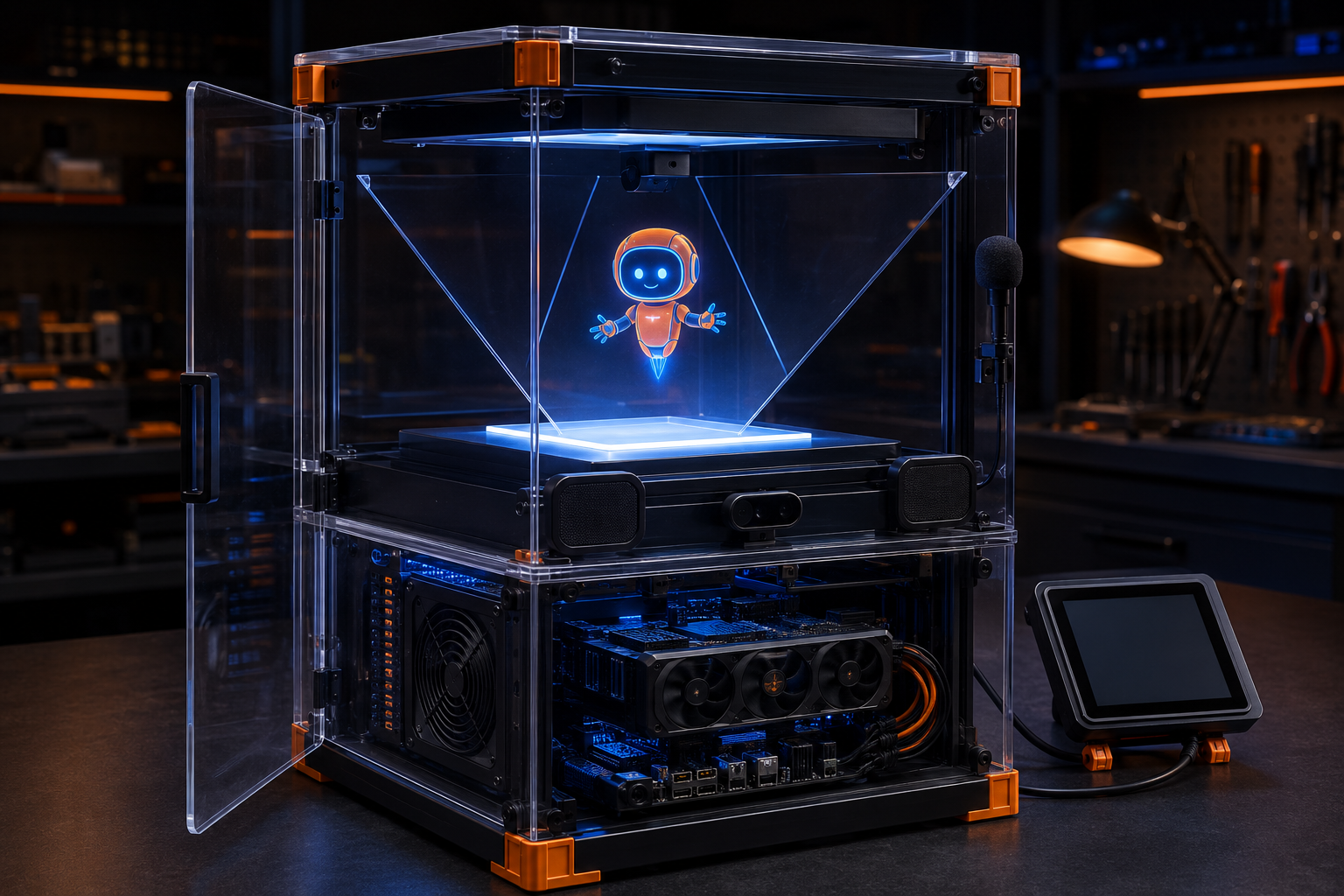 Concept render of the TripointOS Holo-CPU: a clear enclosure projecting a glowing character hologram above a stage, with a full PC visible in the base