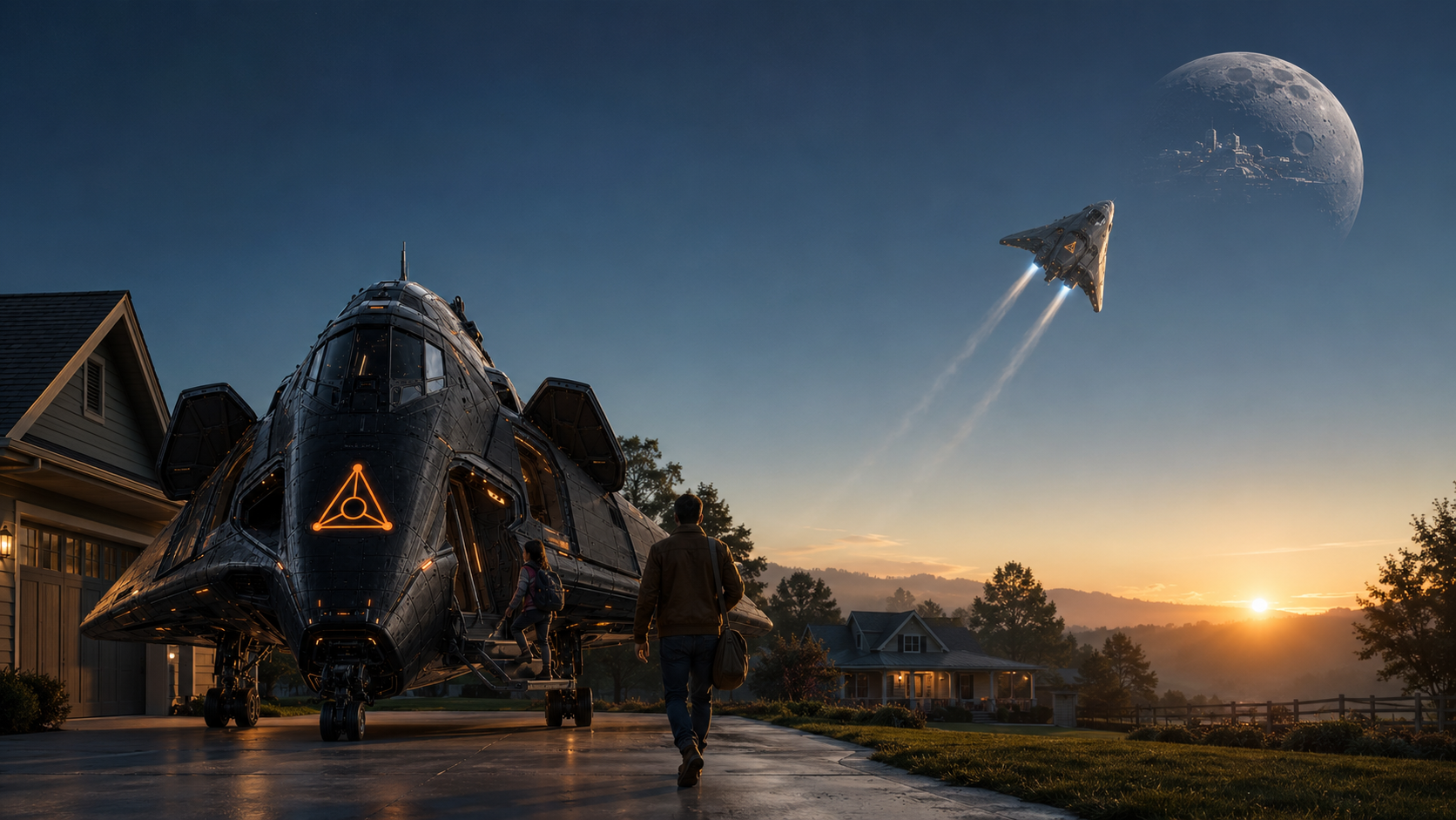 Concept render: a person walking toward a badge-marked vehicle parked in a suburban driveway at dusk as another lifts toward a Moon with a visible settlement