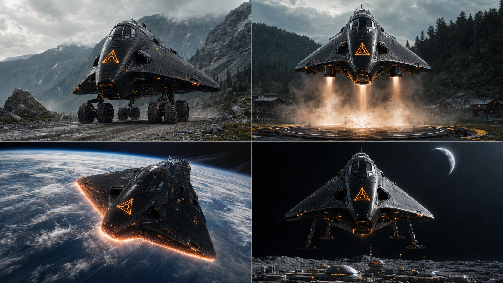 Four-mode TriPoint vehicle concept sheet: road-mobile on heavy wheels, vertical lift on a launch pad, orbital reentry over Earth, and landed at a lunar base